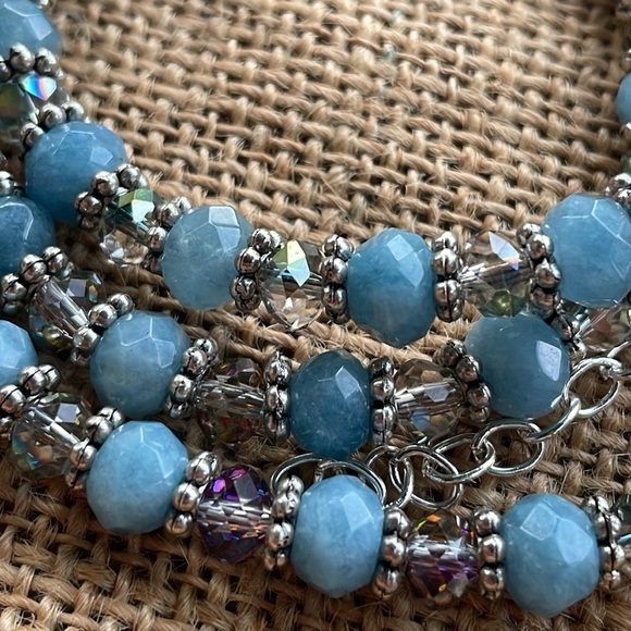 Necklace polished ocean blue aquamarine Silver & Crystal spacers Adjustable - Picture 6 of 13